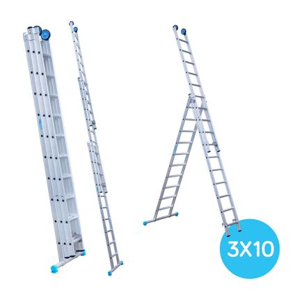 Eurostairs rechte driedelige ladder - Reform ladder - 3x10 sporten + gevelrollen