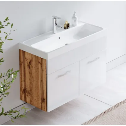 Meuble de salle de bain Paso 01 - Badplaats - 80 cm - Chene avec blanc - Armoire 4