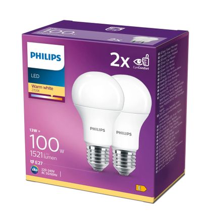 Philips LED Lamp A60 E27 12.5W 4000K 1521lm 230V - 2-Pack - Koel Wit