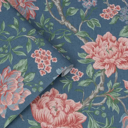 Vliesbehang Tapestry Floral Dark Seaspray | Donkerblauw met Roze| Bloemen | 10mx52cm 2