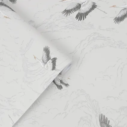 Vliesbehang Animalia Silver | Wit | Kraanvogels | 10mx52cm 2