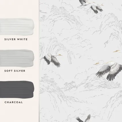 Vliesbehang Animalia Silver | Wit | Kraanvogels | 10mx52cm 5