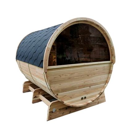 Sauna tonneau TR170 - Dos en demi-vitre - Avec poêle à bois