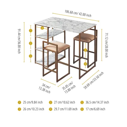 Ensemble table de petit-déjeuner Marmo Teamson Home avec plateau faux marbre, finition cuivre VNF-00084 4
