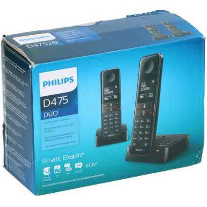 Philips Téléphone DECT D4752B sans fil - écran de 4,6 cm - 2 combinés - plug-and-play 3