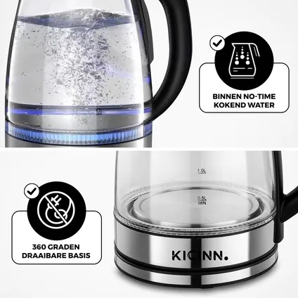 Kicinn Waterkoker - Waterkoker glas - 1.8 Liter - RVS - 1500Watt 2