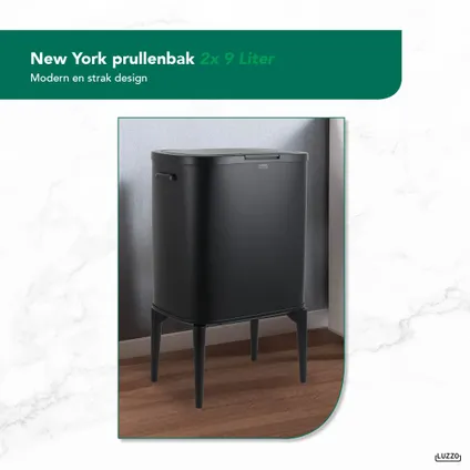 Luzzo® New York Push Afvalscheidingsprullenbak 18 ltr 2 bakken - Zwart 3