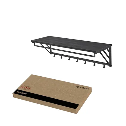 ACAZA - Wandkapstok met Plank en 7 Haken - Metaal en Hout - Zwart 10