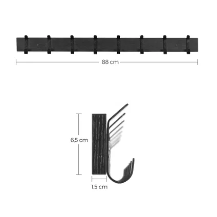 ACAZA - Lange Muur Kapstok- met 8 Zwarte Haken - 88 cm Lang - Zwart 6