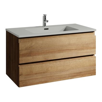 Meuble de salle de bain Angela 90 cm lavabo Chene, lavabo gris – Armoire