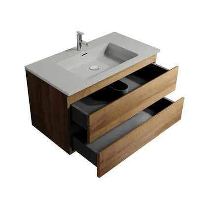 Meuble de salle de bain Angela 90 cm lavabo Chene, lavabo gris – Armoire 2