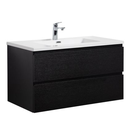 Meuble de salle de bain Angela 90 cm lavabo Noir bois – Armoire de rangement