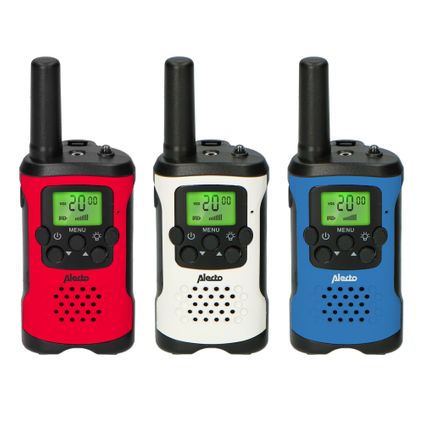 Alecto FR115 3x - Set van drie walkie talkies voor kinderen, tot 7 kilometer bereik, rood-wit-blauw