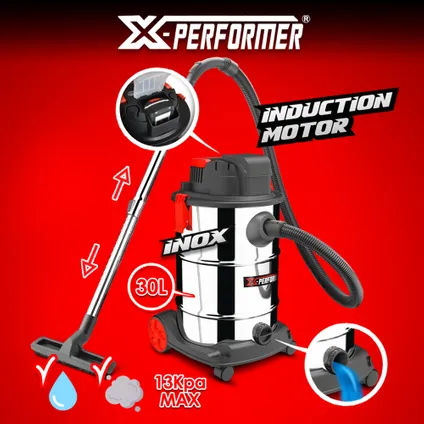 Aspirateur eau et poussières rechargeable 20V avec moteur à induction - 30L inox livré sans batterie - X Performer 3