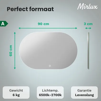 Mirlux Badkamerspiegel met LED Verlichting & Verwarming – Ovaal – Anti Condens- 90x60CM 3