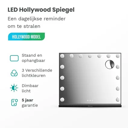 Mirlux Hollywood Make Up Spiegel - LED Verlichting - 10x Zoom - Ophangbaar - Zwart - 58x48cm 7