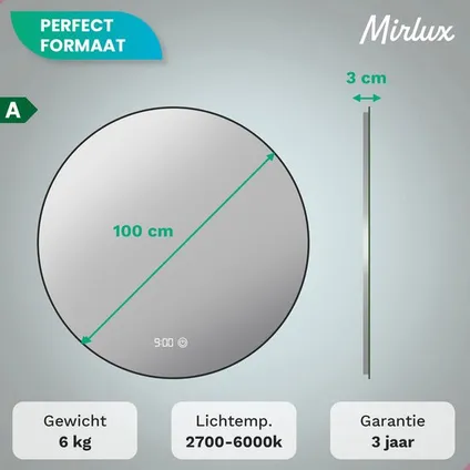 Mirlux Badkamerspiegel met LED Verlichting & Verwarming – Rond – Anti Condens - Mat Zwart - 100CM 3