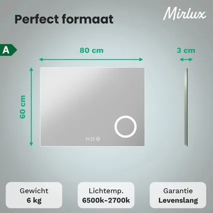 Mirlux Badkamerspiegel met LED Verlichting & Verwarming – Wandspiegel – Anti Condens- 80x60CM 9