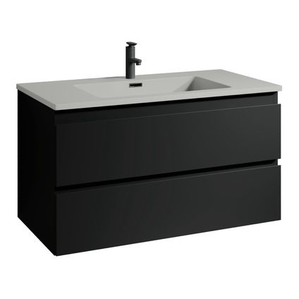 Meuble de salle de bain Angela 80 cm Noir mat, lavabo gris – Armoire rangement