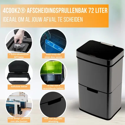 4cookz® Smart Waste Grey Prullenbak Afvalscheiding met sensor 72 liter 4
