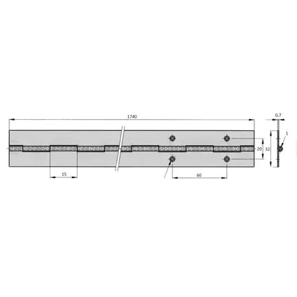 Pianoscharnier - Messing - 1740x32x0,7mm 2