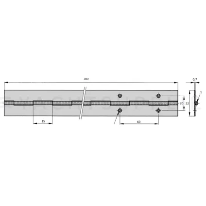Pianoscharnier - Messing - 780x32x0,7mm 2