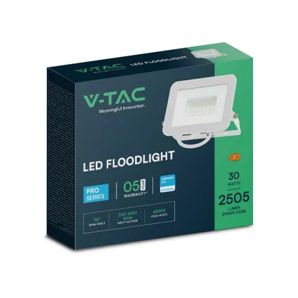 V-TAC VT-44030-W Witte LED Schijnwerpers - Samsung - IP65 - 30W - 2505 Lumen - 6500K - 5 Jaar 10