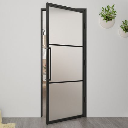 Loftdeur - Stalen Deur - Binnendeur Rechtsdraaiend Mat Glas - Zwart - Incl. Kozijn - 231.5xx93 cm
