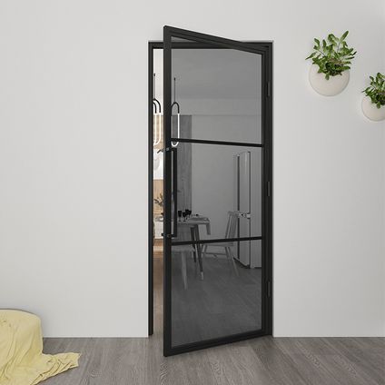 Loftdeur - Stalen Deur - Binnendeur Rechtsdraaiend Rookglas - Zwart - Incl. Kozijn - 231.5xx93 cm