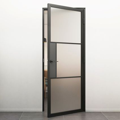 Loftdeur - Stalen Deur - Binnendeur Met Klink Mat Glas - Zwart - Incl. Kozijn - 211.5xx83 cm