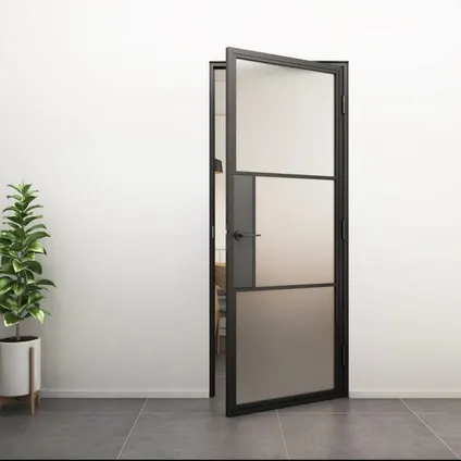 Loftdeur - Stalen Deur - Binnendeur Met Klink Mat Glas - Zwart - Incl. Kozijn - 211.5xx83 cm 4