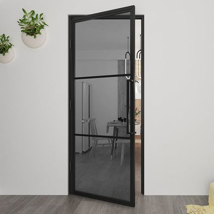 Loftdeur - Stalen Deur - Binnendeur Linksdraaiend Rookglas - Zwart - Incl. Kozijn - 211.5xx83 cm