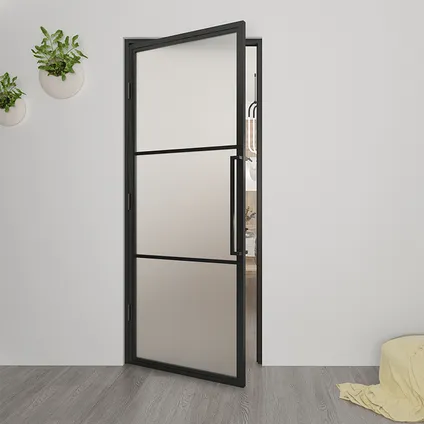 Loftdeur - Stalen Deur - Binnendeur Smartline Linksdraaiend Mat Glas 231,5x93 - Zwart - Incl. Kozijn