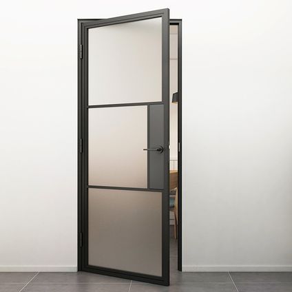 Stalen Deur - Binnendeur Met Klink Linksdraaiend Mat Glas - Zwart - Incl. Kozijn