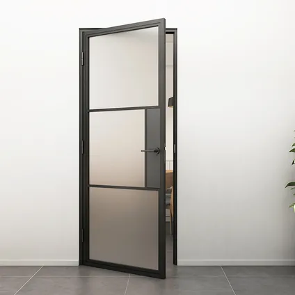 Stalen Deur - Binnendeur Met Klink Linksdraaiend Mat Glas - Zwart - Incl. Kozijn 4