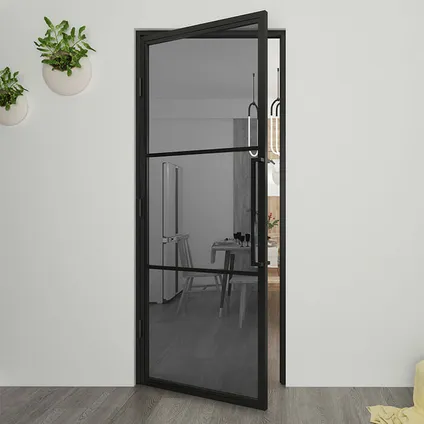 Loftdeur - Stalen Deur - Binnendeur Linksdraaiend Rookglas - Zwart - Incl. Kozijn - 231.5xx93 cm 3