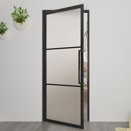Loftdeur - Stalen Deur - Binnendeur Mat Glas 211,5x83 - Zwart - Incl. Kozijn - 211,5xx cm