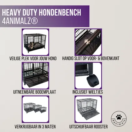 4animalz® Heavy Duty Hondenbench L met wielen 92x62x75 cm - Zwart 4