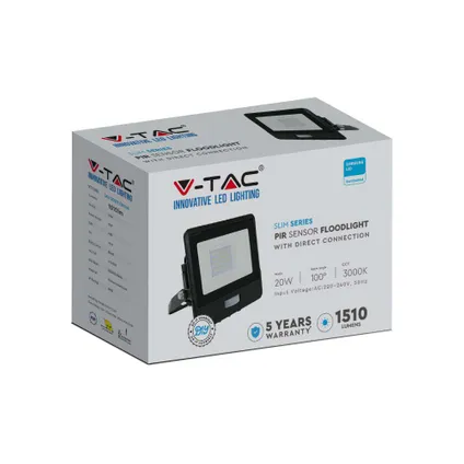 V-TAC VT-128S-B LED Schijnwerpers met PIR Sensor - Zwart - Samsung - IP65 - 20W - 1510 Lumen - 6