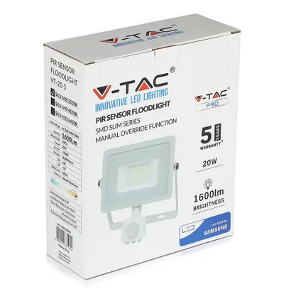 V-TAC VT-20-S-W Projecteurs LED orientables avec capteur PIR - Samsung - IP65 - Blanc - 20W - 6