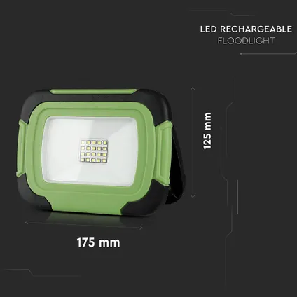 V-TAC VT-20-R Oplaadbare LED Schijnwerper - Samsung - Groen+Zwart - IP44 - 10W - 1400 Lumen - 7