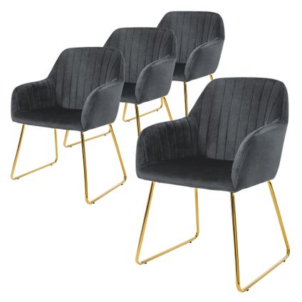 ML-Design Set van 4 eetkamerstoelen, grijs, zitting bekleed met fluweel, gouden poten van metaal