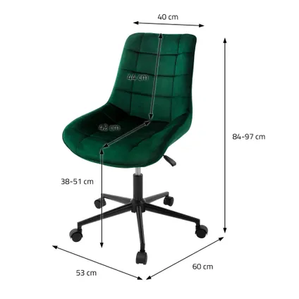 Chaise de Bureau ML-Design, Vert, en Velours, Réglable en Hauteur, Assise Rembourrée 6