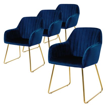 ML-Design Set van 4 eetkamerstoelen, blauw, zitting bekleed met fluweel, poten goud