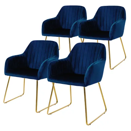 ML-Design Set van 4 eetkamerstoelen, blauw, zitting bekleed met fluweel, poten goud 2