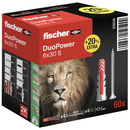 Cheville nylon Fischer DuoPower 6x30mm + vis Lion 20% gratuit 60 pièces