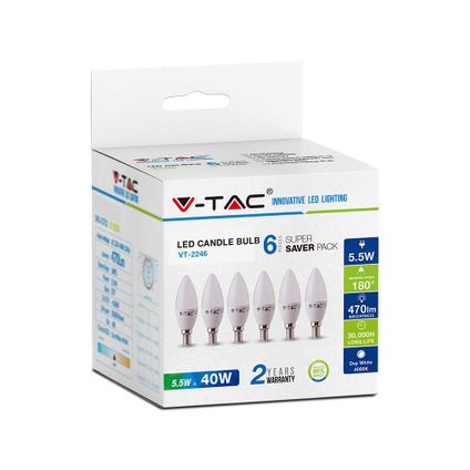 Ampoules LED E14 blanches V-TAC VT-2246 - RTL - Bougie - 6PC - Pack - IP20 - 5.5W - 470 Lumens - 2700K