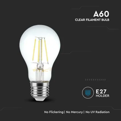 lot de 10 ampoules LED transparentes E27 V-TAC VT-1887-N - Filament - A60 - IP20 - 6W - 600 Lumens - 3000K 3