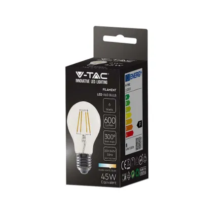 lot de 10 ampoules LED transparentes E27 V-TAC VT-1887-N - Filament - A60 - IP20 - 6W - 600 Lumens - 3000K 5