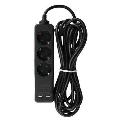 V-TAC VT-1125-5 prises d'extension 3 voies - USB - Noir - IP20 - 5 m de câble